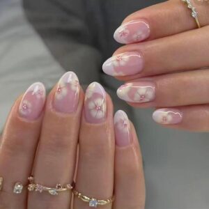short almond soft pink gradient press on nails with delicate cherry motifs