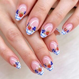 short oval cottagecore press on nails with blue plaid and cute fruit design
