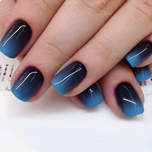 24pcs blue black gradient short square press on nails with glossy bling design
