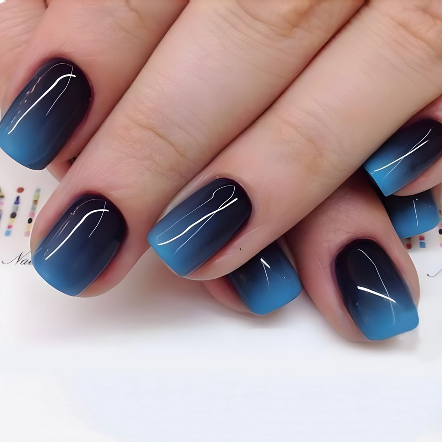 24pcs blue black gradient short square press on nails with glossy bling design 24pcs blue black gradient short square press on nails with glossy bling design