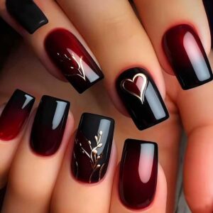 24pcs wine red and black gradient short square press on nails with gold leaf and heart design