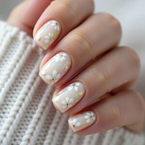 floral medium square press on nails nude base white floral gold foil details