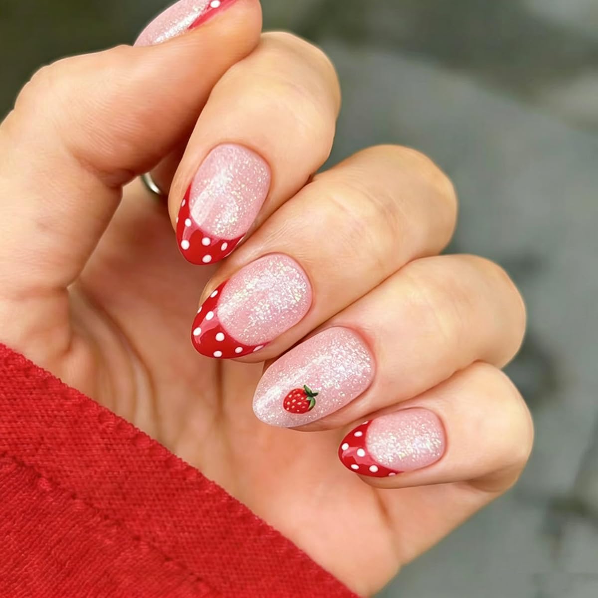 pink glitter short oval press on nails with red french tip and strawberry design pink glitter short oval press on nails with red french tip and strawberry design