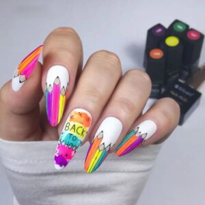 Tyuimhx back to school press on nails medium almond fake nails with matte pencil graffiti design on hands