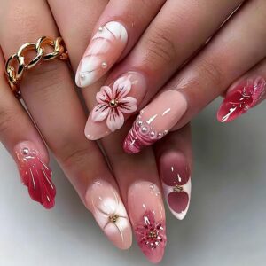 Medium Almond Burgundy French Tip Press-On Nails Review: 3D Floral, Butterfly & Pearl Design
