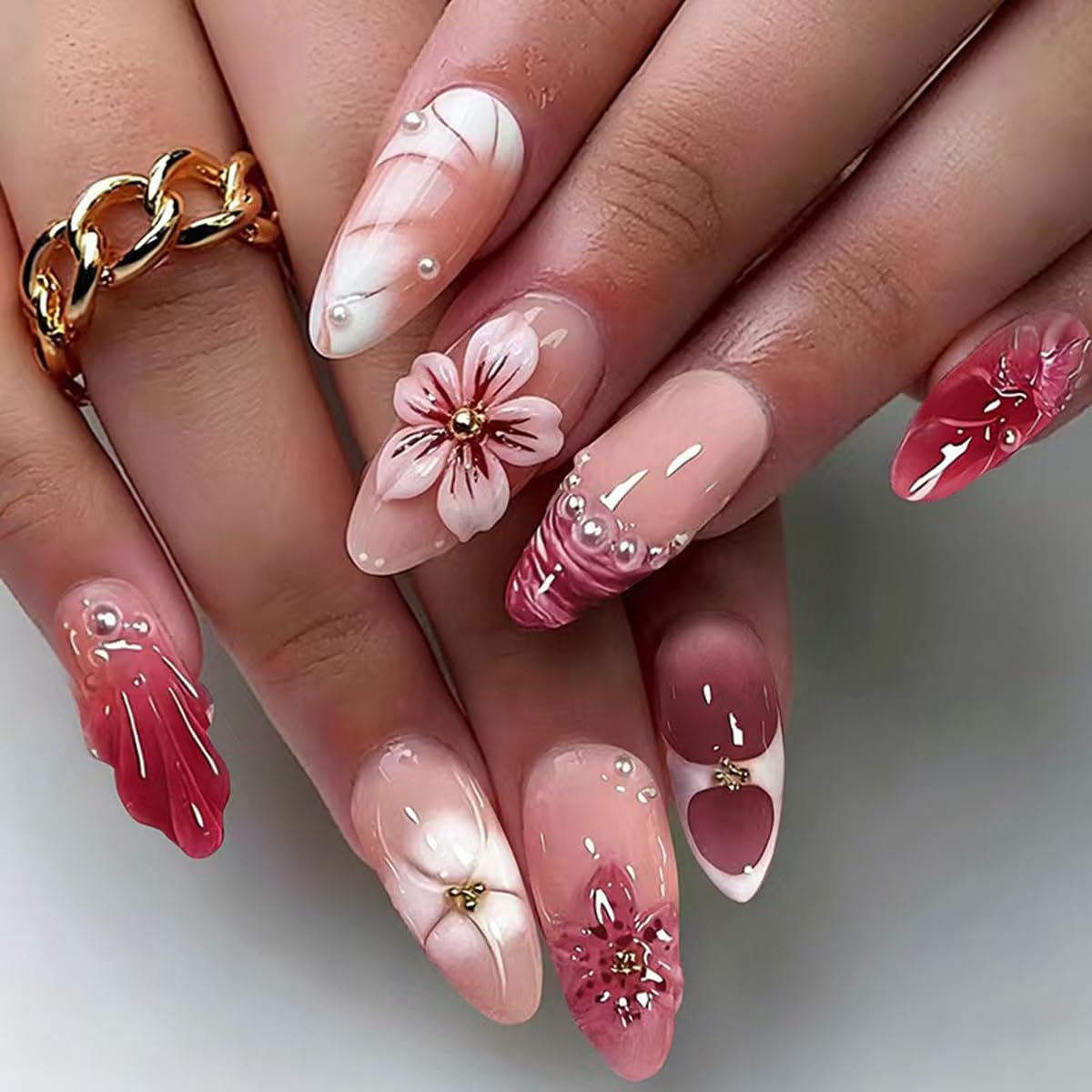 Medium Almond Burgundy French Tip Press-On Nails Review: 3D Floral, Butterfly & Pearl Design Medium Almond Burgundy French Tip Press-On Nails Review: 3D Floral, Butterfly & Pearl Design