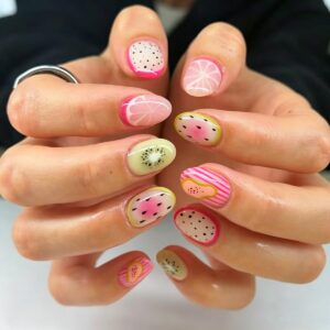 short oval summer fruit press on nails with mixed fruit design for beach vacation