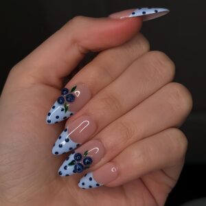 blue french tip medium almond press on nails with 3d blueberry design