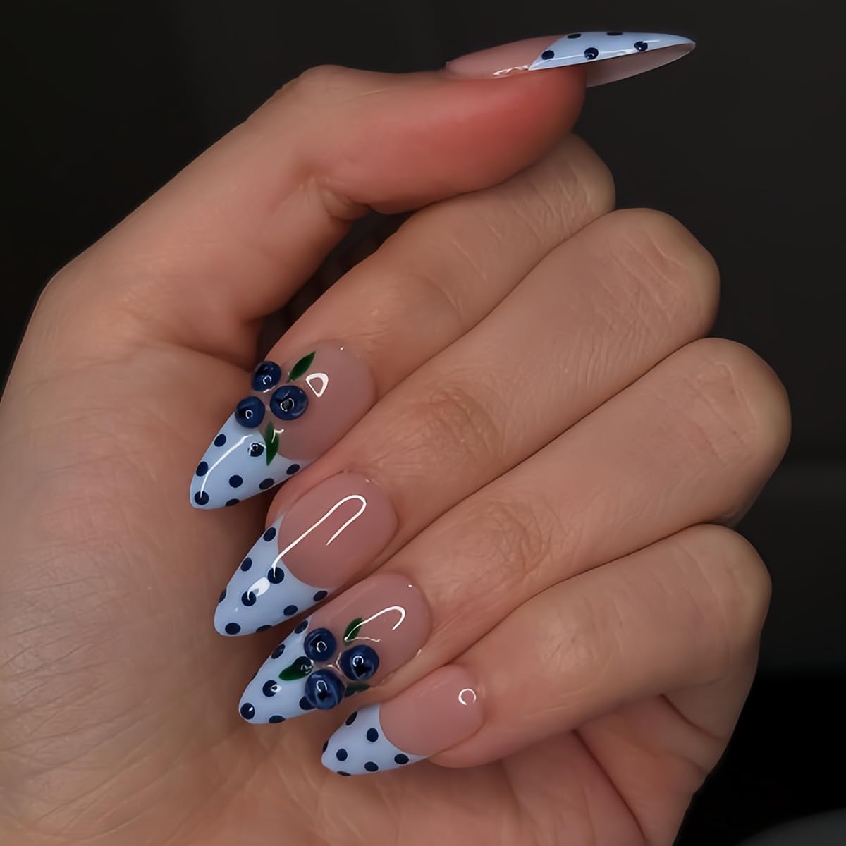Blue French Tip Medium Almond Press-On Nails Review: Polka Dot & 3D Blueberry Design blue french tip medium almond press on nails with 3d blueberry design