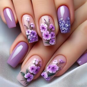 24pcs purple press on nails long square with purple flower design for spring