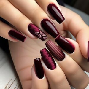 wine red press on nails medium coffin with flower and stripe pattern design