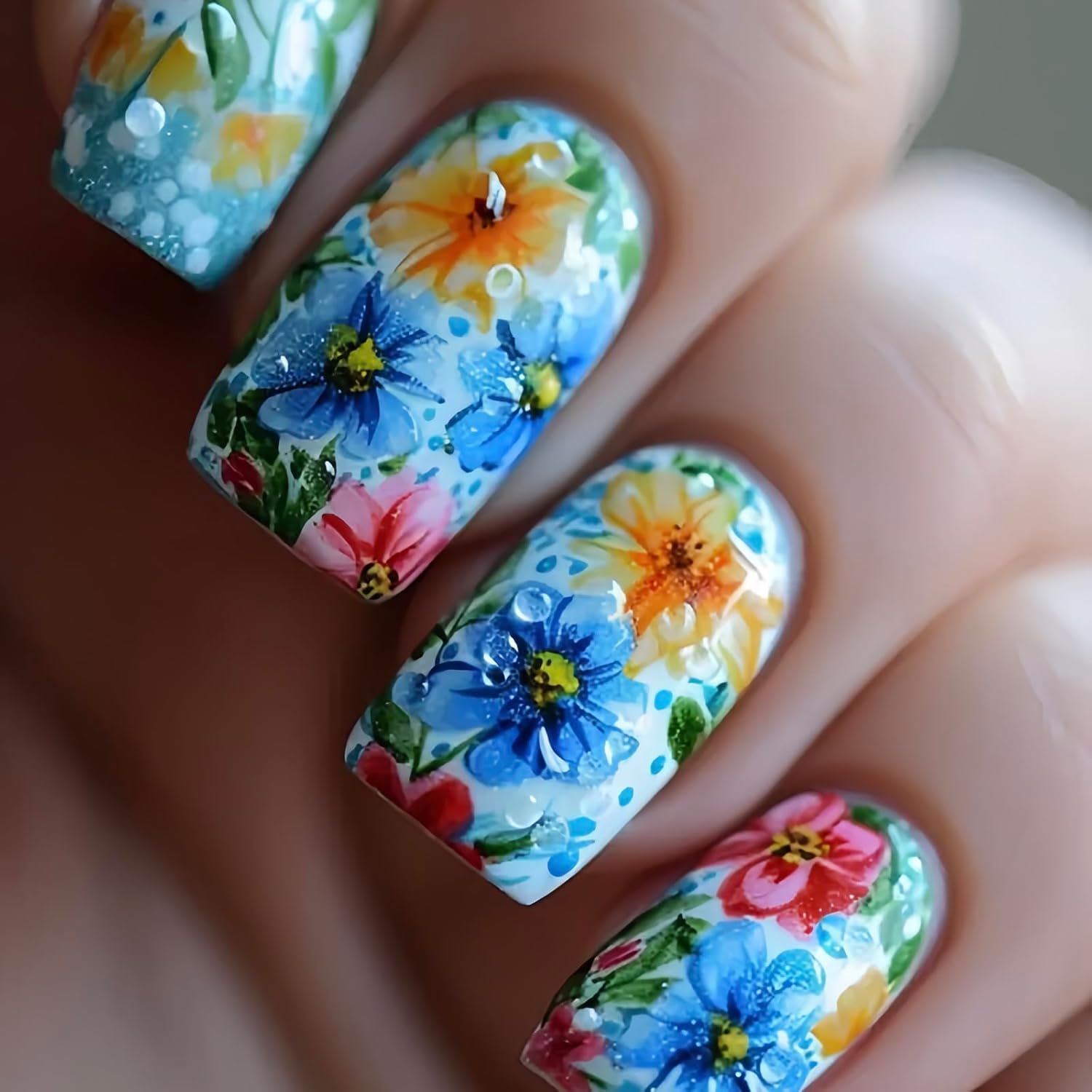 24pcs fresh flower press on nails light blue floral square glossy acrylic fake nails 24pcs fresh flower press on nails light blue floral square glossy acrylic fake nails