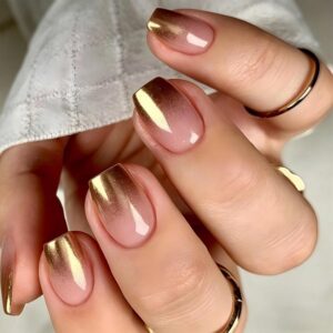 gradient press on nails short coffin fake nails with gold glitter french tip