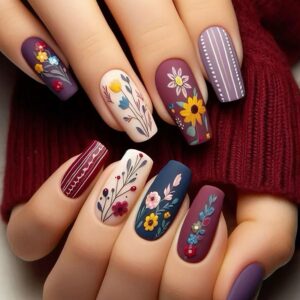 matte flower false nails medium coffin with floral stripe pattern design