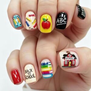 Back to school short square press on nails with cute pencil, ruler, and schoolhouse designs on hands