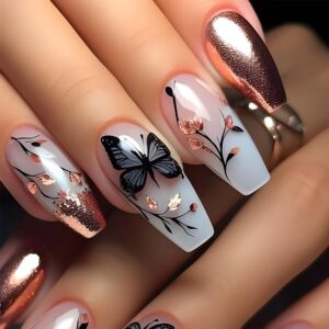 butterfly press on nails medium ballet rose gold glitter chrome design false nails