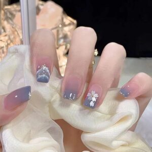 24pcs short square press on nails with blue french tips pink base and floral accents