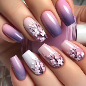 24pcs purple gradient flower press on nails medium coffin glossy artificial nails