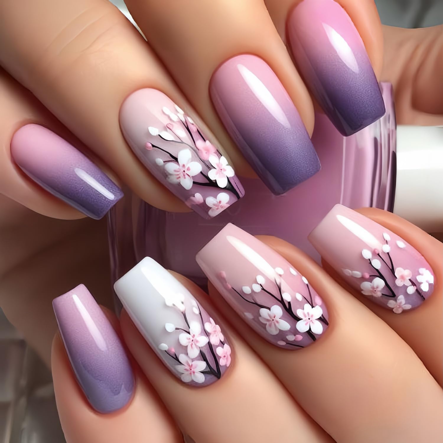 24pcs purple gradient flower press on nails medium coffin glossy artificial nails 24pcs purple gradient flower press on nails medium coffin glossy artificial nails