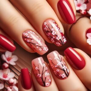 red spring floral press on nails medium coffin glossy artificial acrylic fake nails