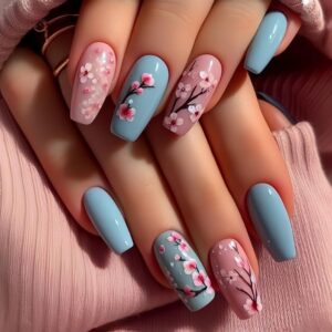 24pcs blue and pink spring floral press on nails medium coffin glossy acrylic fake nails