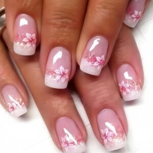 24pcs summer press on nails with pink flower and glitter french tip design