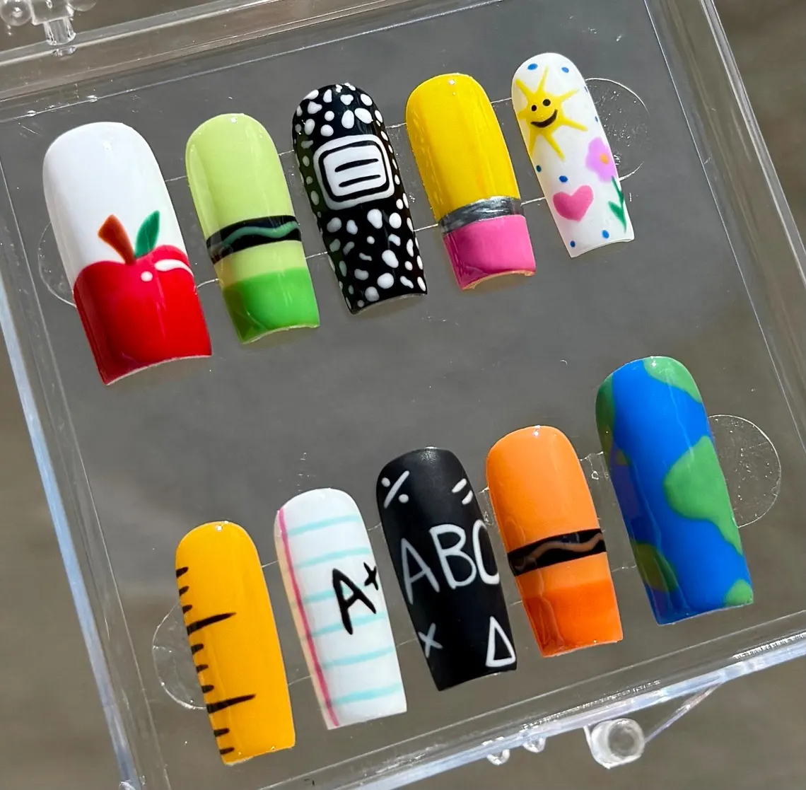 Teachers pet back to school medium square press on nails set on hand Teachers pet back to school medium square press on nails set on hand