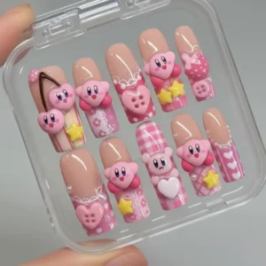 Handmade Kirby press on nails set with 3D Kirby pink gingham and star details