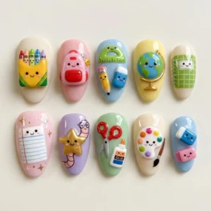 Handmade kawaii back to school 3D press on nails set with school supplies art
