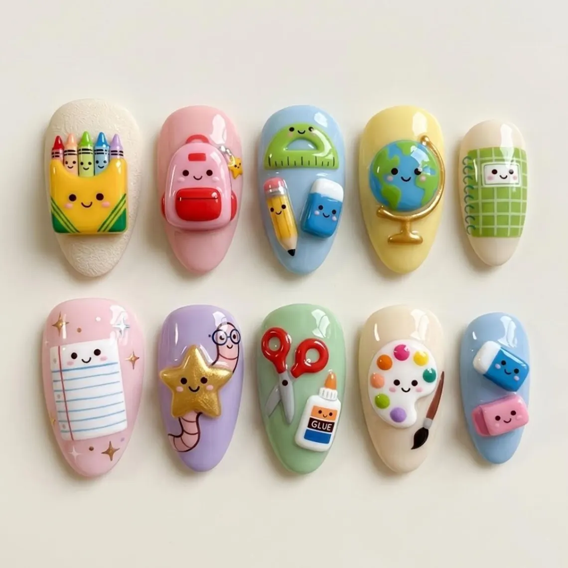 Handmade kawaii back to school 3D press on nails set with school supplies art Handmade kawaii back to school 3D press on nails set with school supplies art