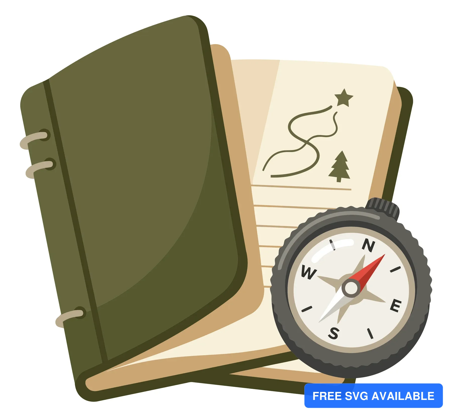 a green open journal with a map drawn on the page, accompanied by a compass resting on it, isolated on white background