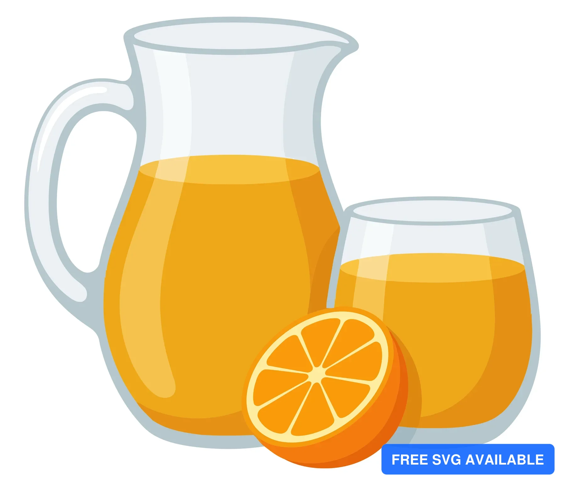 fresh orange juice in glass pitcher and glass next to sliced orange