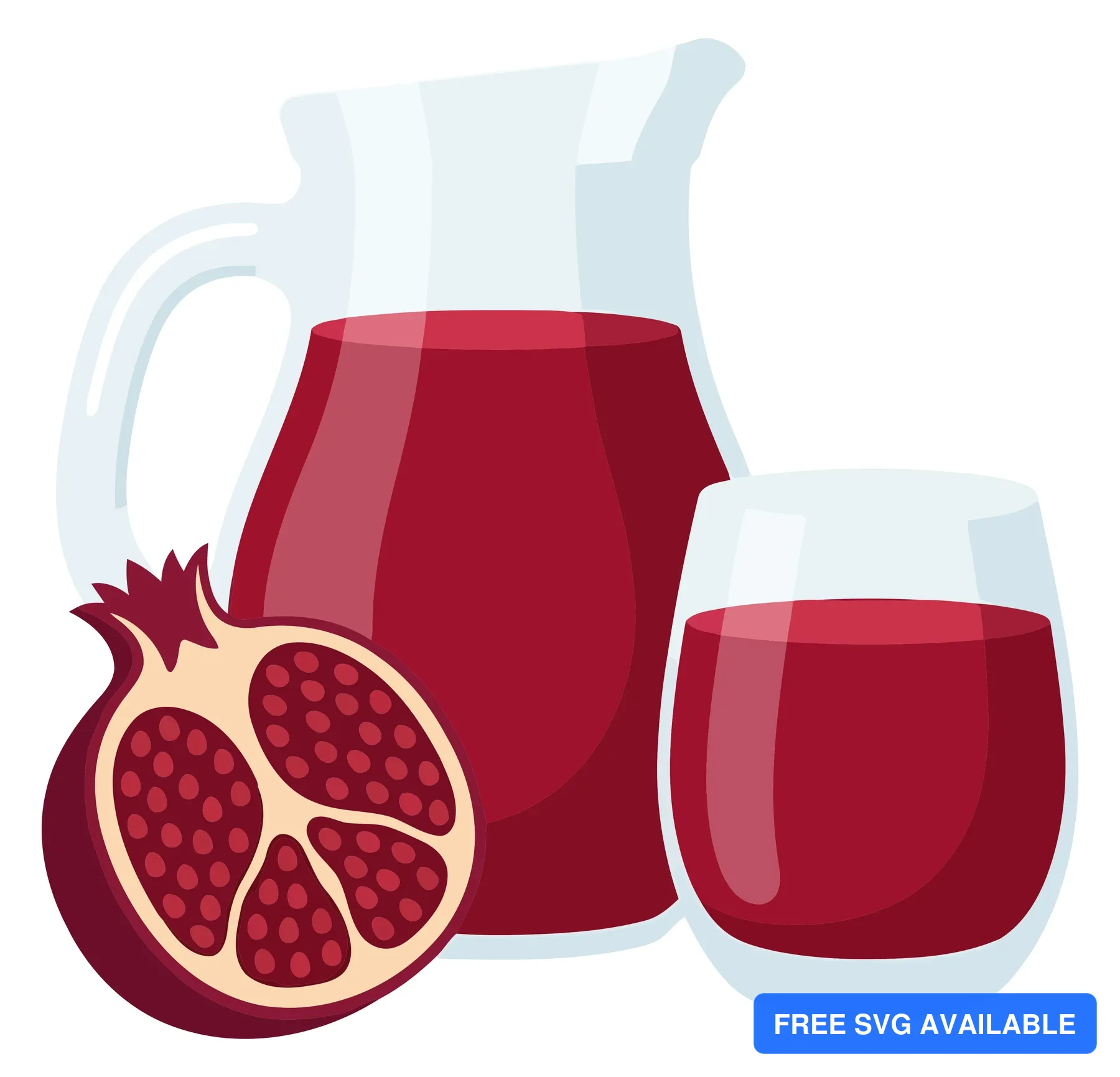 fresh pomegranate juice in glass pitcher and cup with halved fruit isolated on white background