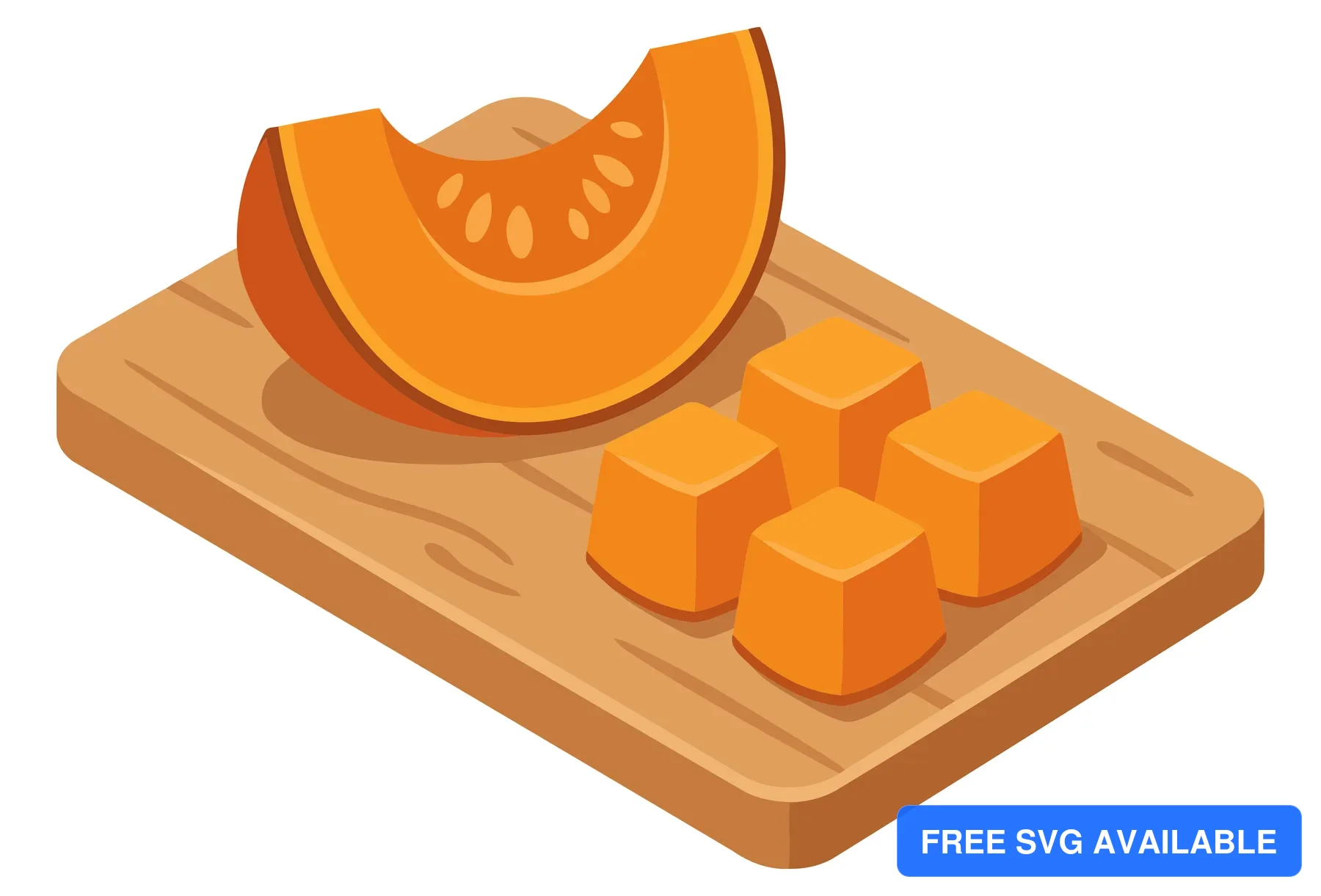fresh pumpkin slice and diced cubes on a wooden cutting board, healthy organic vegetable ingredient for cooking, autumn harvest concept, vec