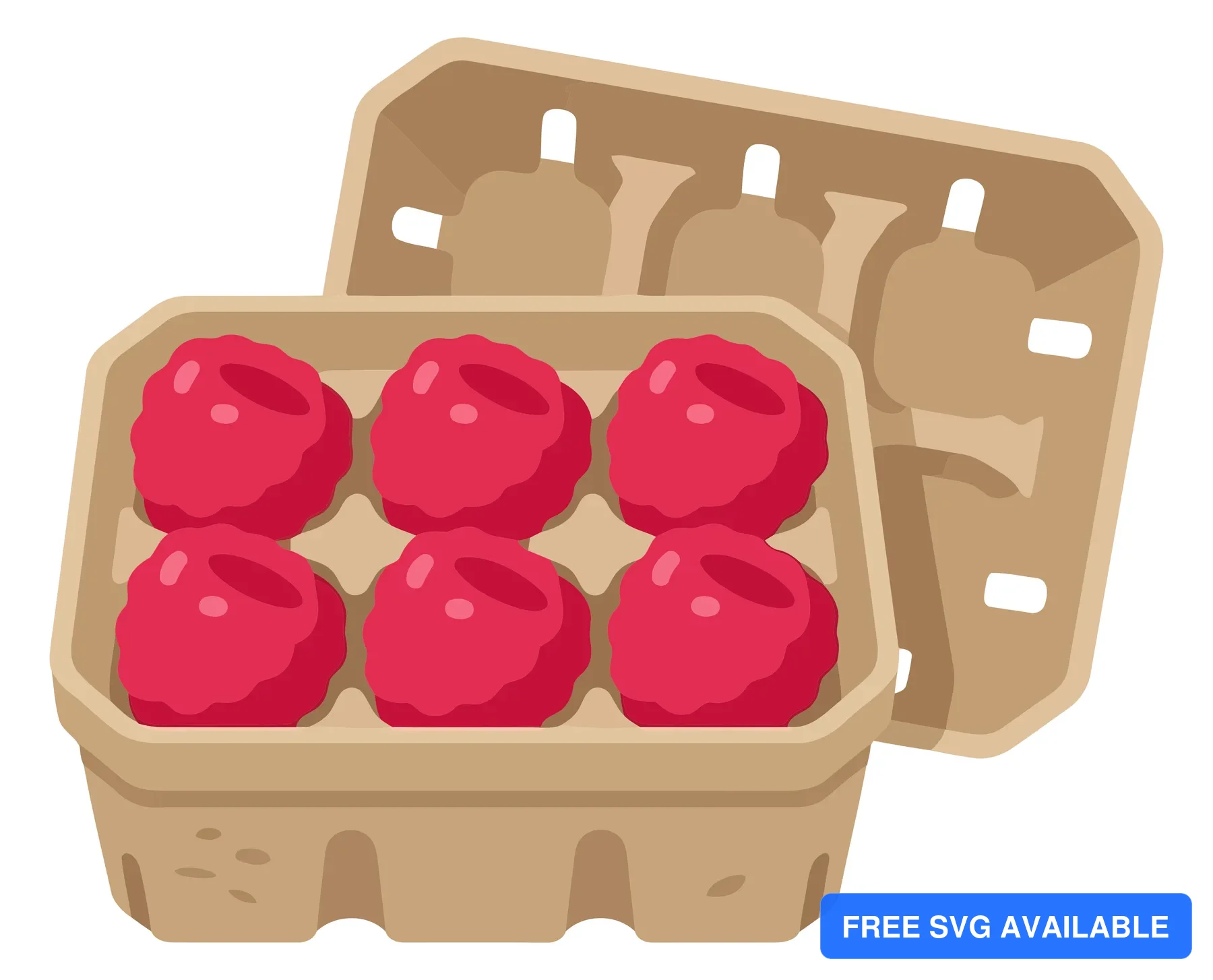 fresh raspberries in a brown cardboard container, vector illustration of organic berries in a punnet, healthy fruit packaging for grocery st