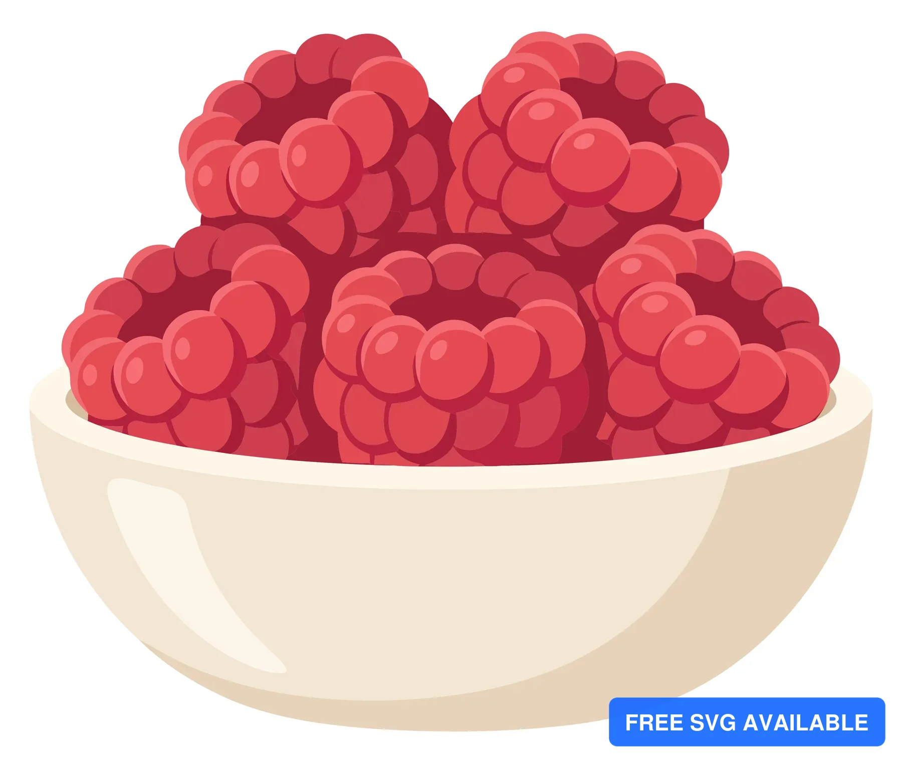 fresh ripe raspberries in a small white bowl, vector illustration of healthy summer berries isolated on white background