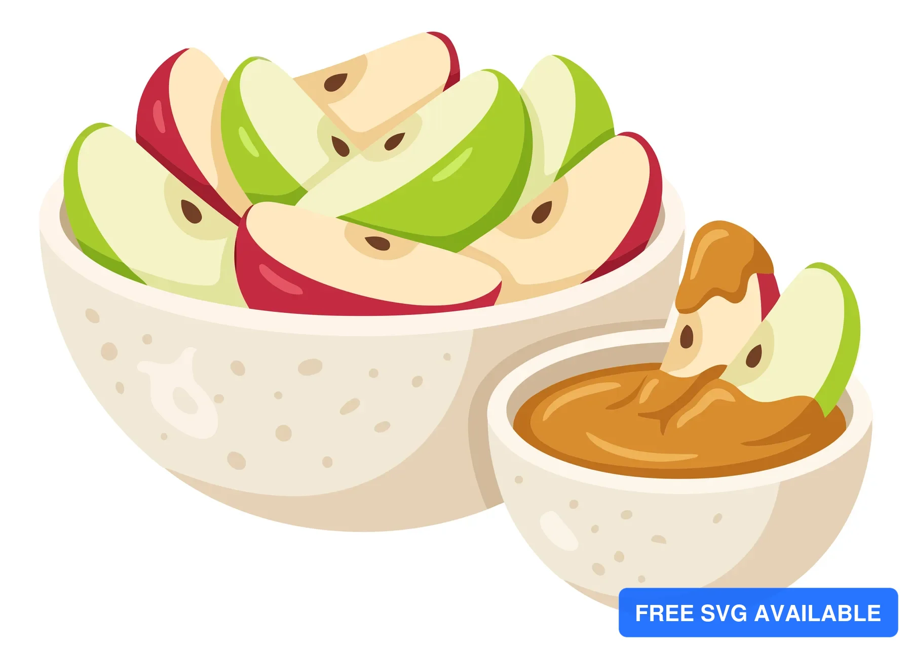 fresh sliced apples in a bowl served with a side of creamy peanut butter dip for a healthy snack or appetizer, isolated on white background