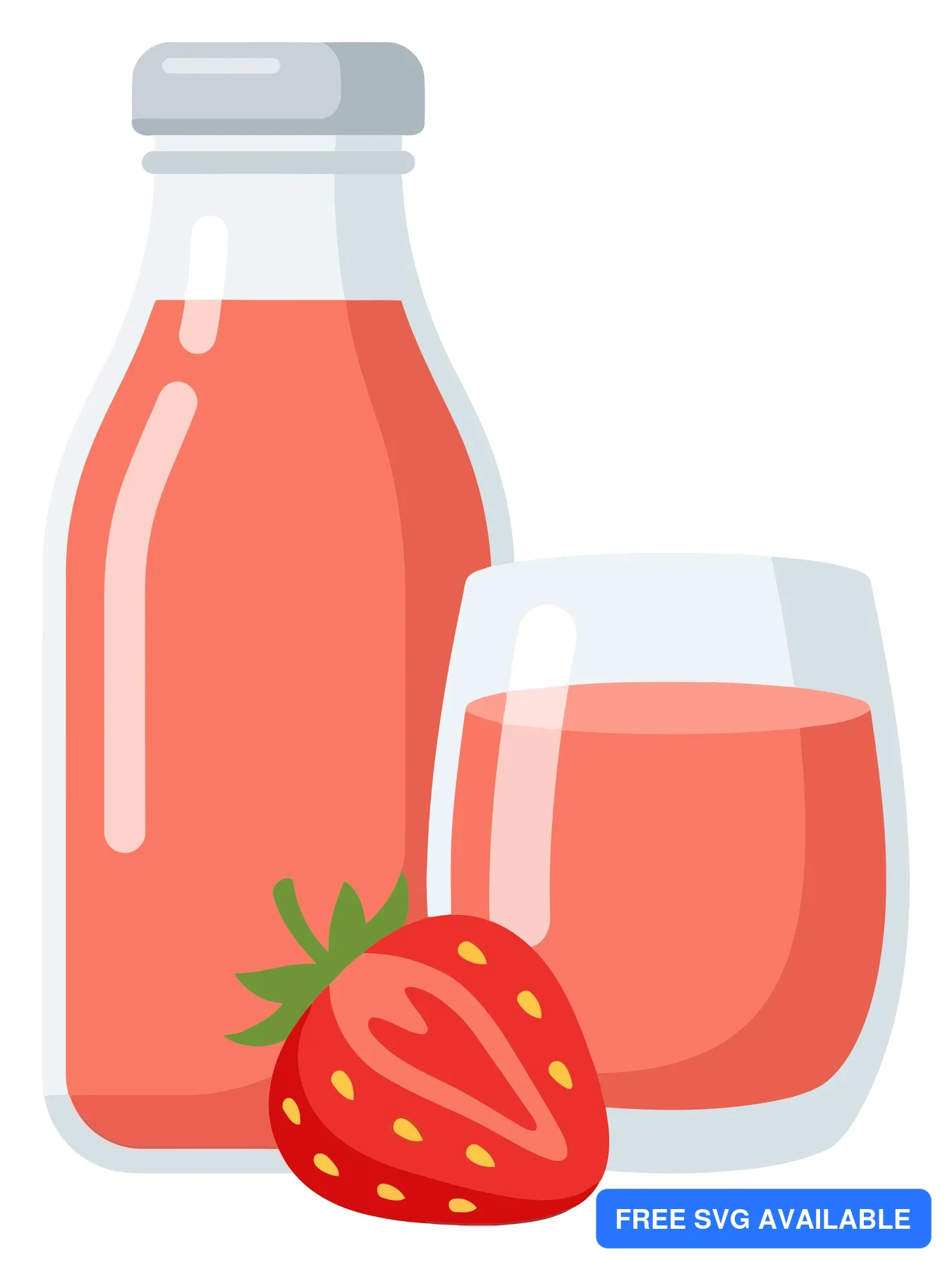 fresh strawberry juice in a glass bottle and a glass cup with a sliced strawberry fruit isolated on white background
