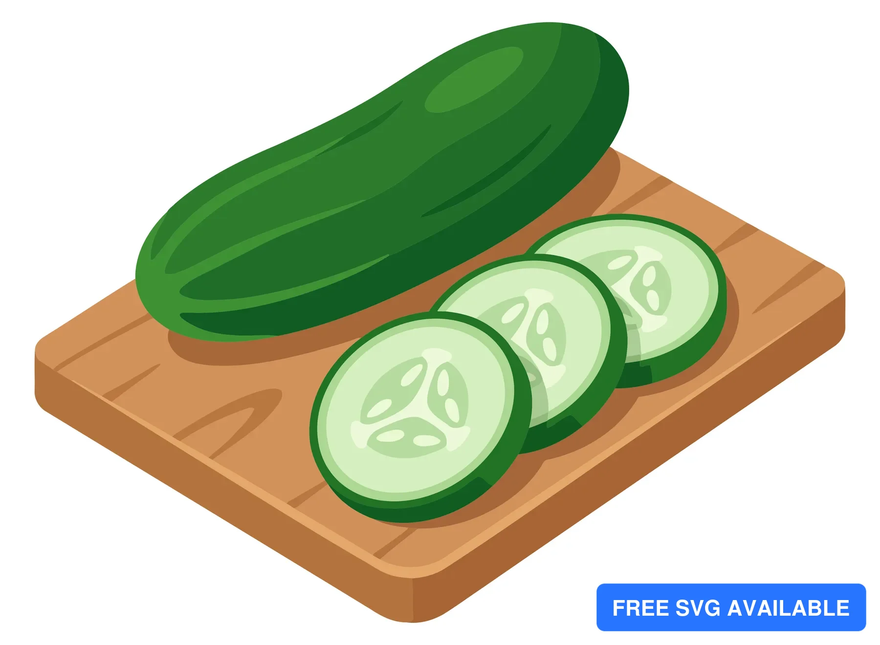 fresh whole cucumber and sliced pieces on a wooden cutting board, isolated on white background