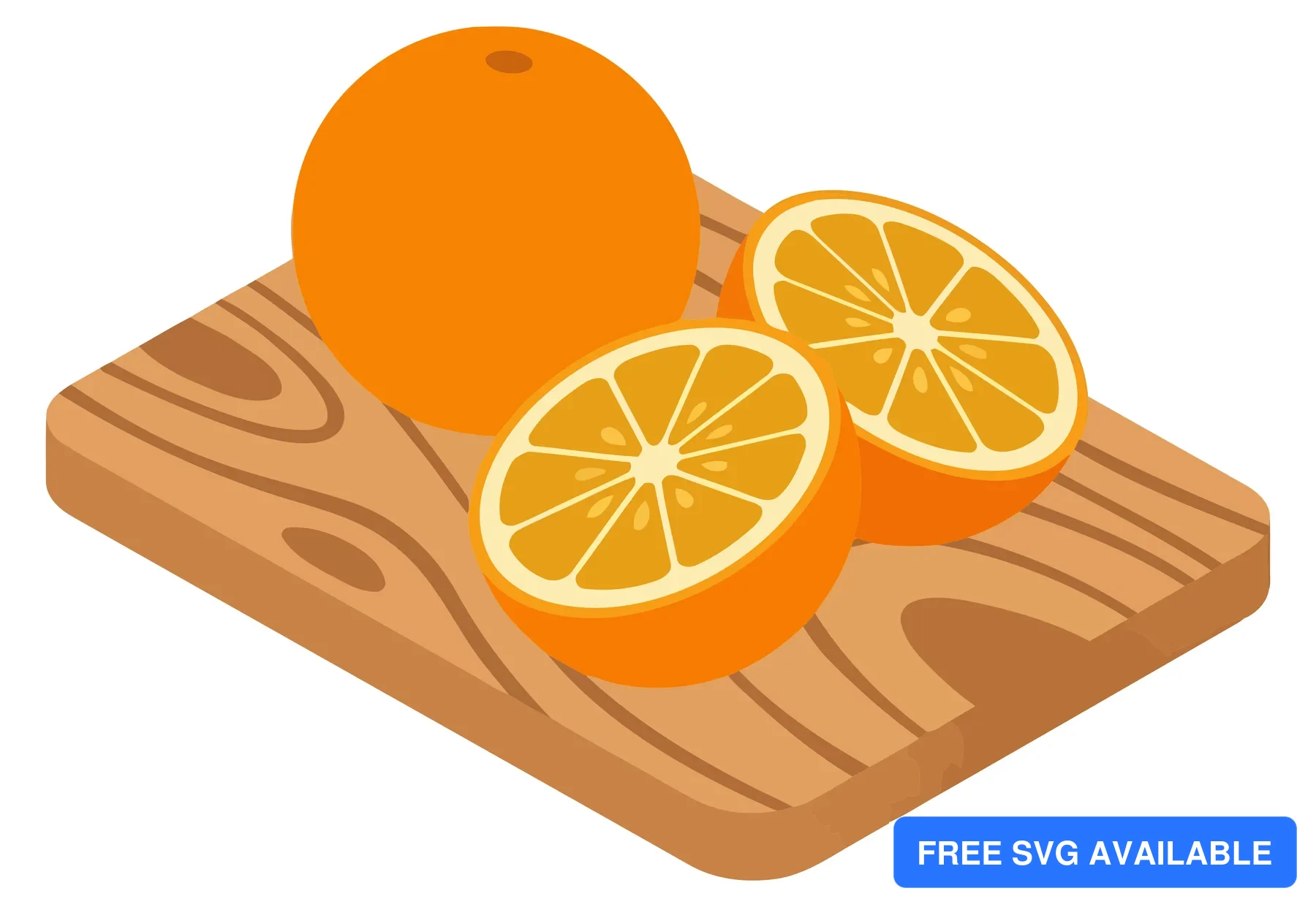 fresh whole orange and two sliced halves arranged on a wooden cutting board, vibrant citrus fruit illustration in a flat vector style