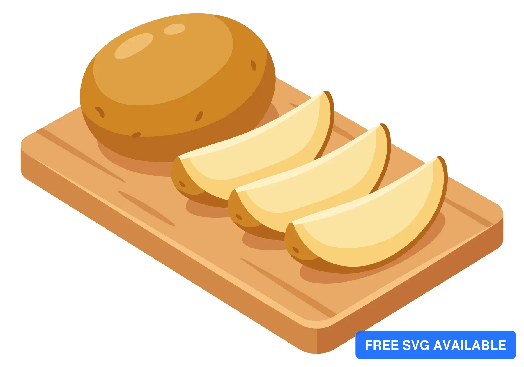 fresh whole potato and three sliced potato wedges arranged on a wooden cutting board, isometric view of raw vegetable preparation for cookin