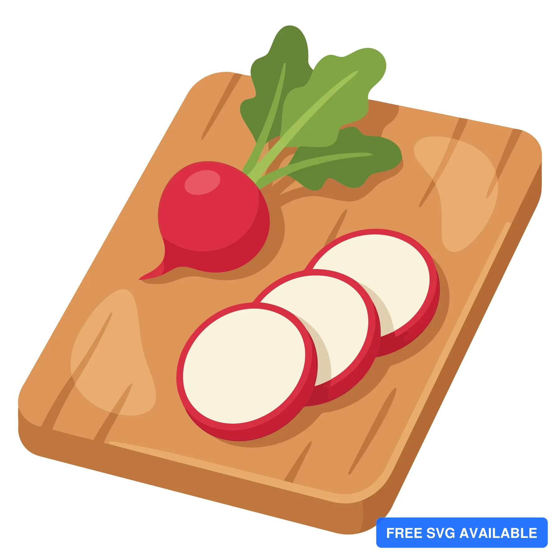 fresh whole radish with green leaves and three sliced radish pieces arranged on a wooden cutting board