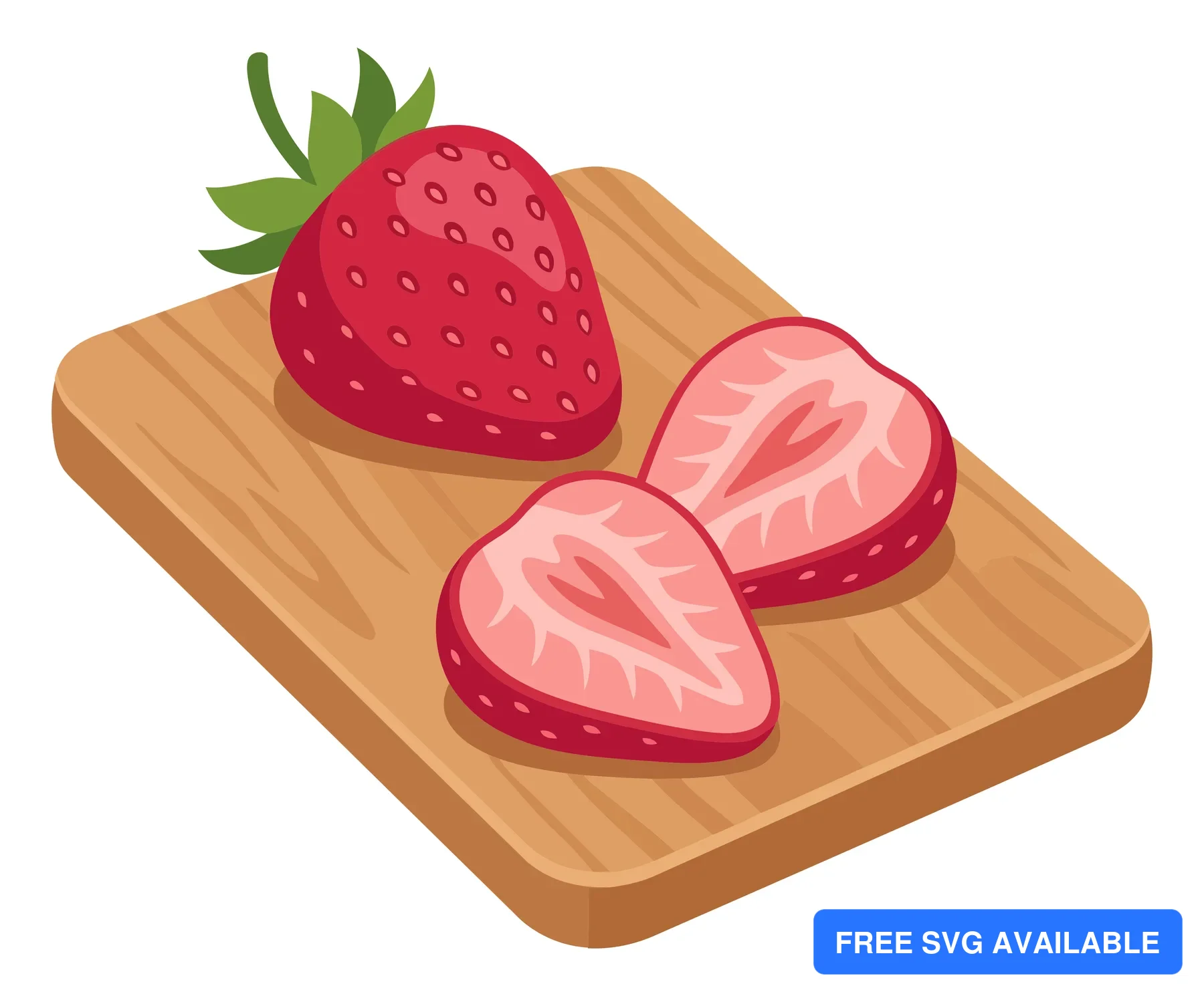 fresh whole strawberry and two sliced halves on a wooden cutting board, vector illustration of healthy summer fruit for culinary design