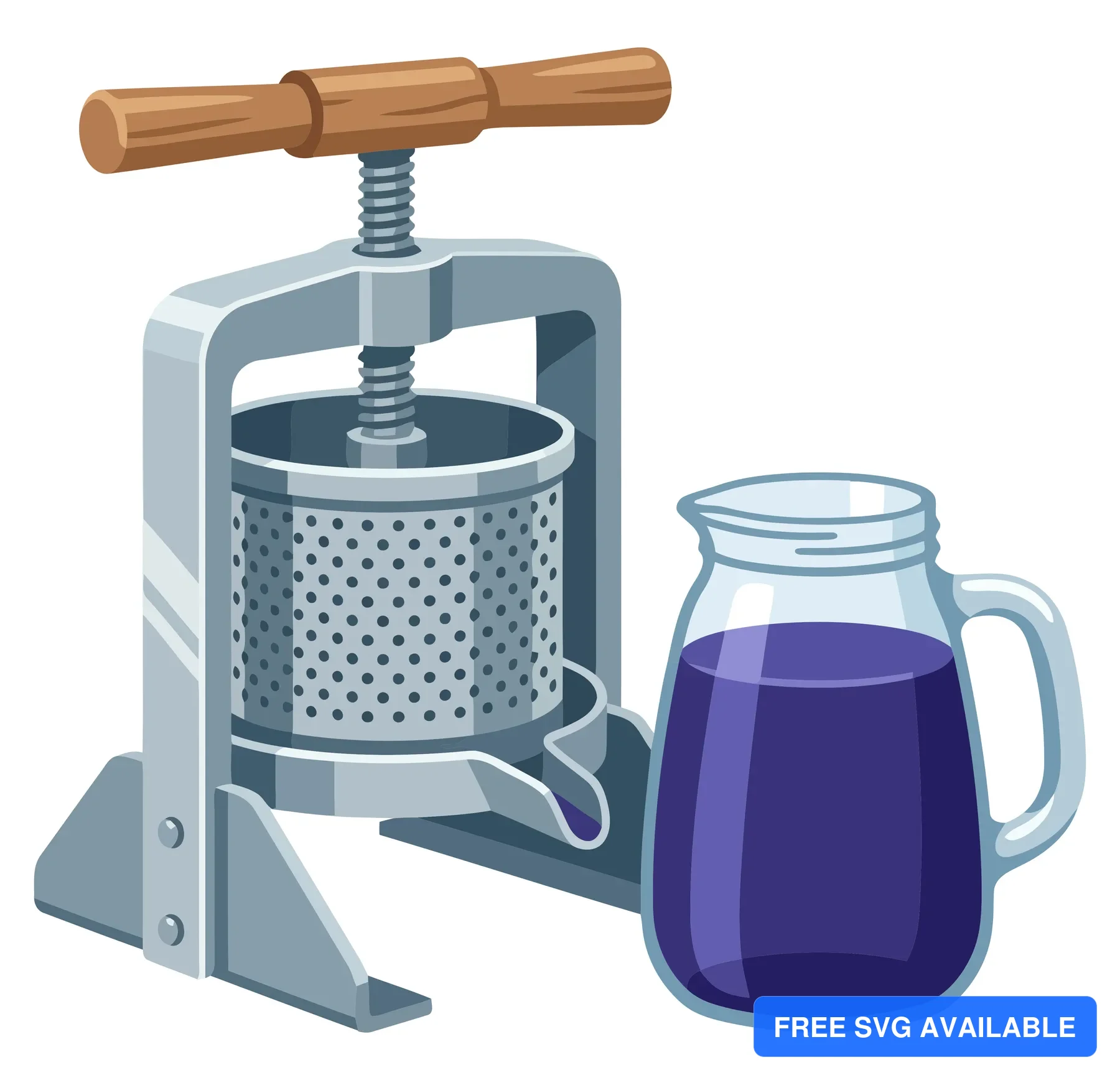 fruit press machine with a glass pitcher full of fresh purple grape juice isolated on white background