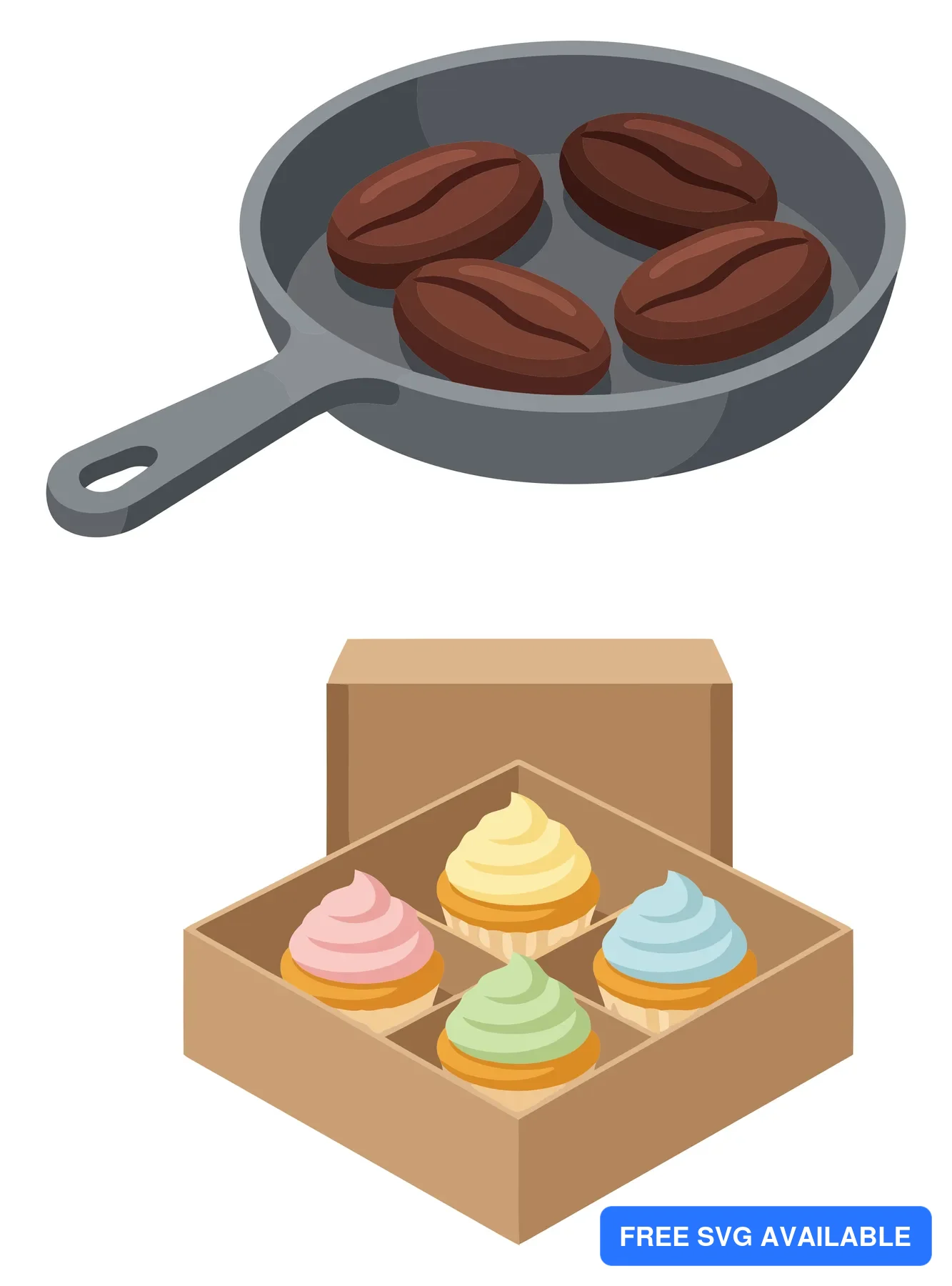 frying pan with cocoa beans and box of colorful cupcakes vector illustration