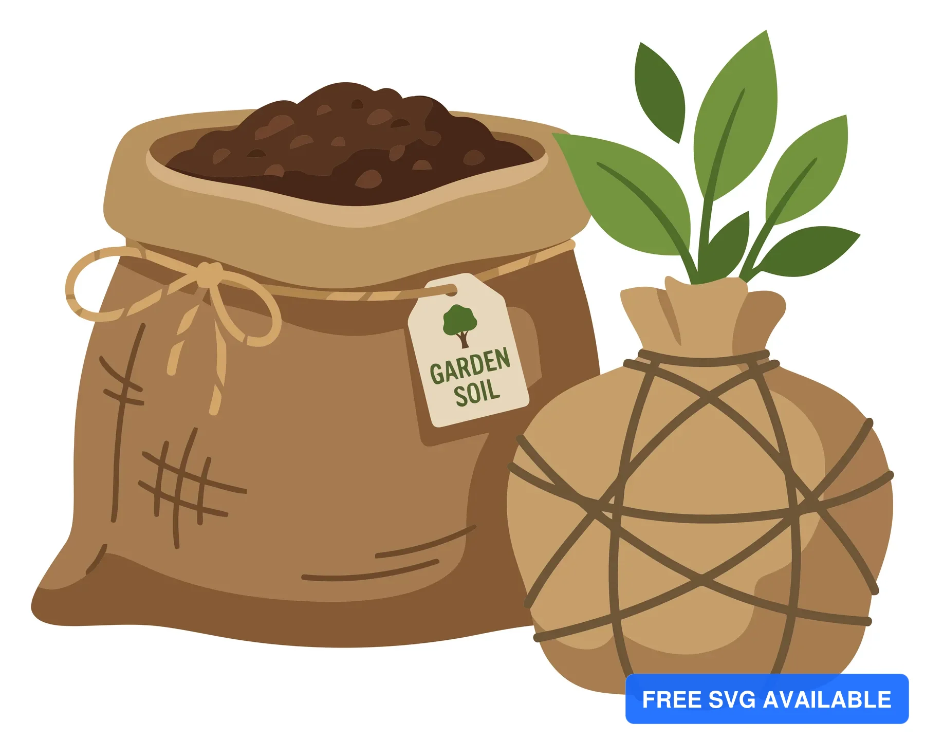garden soil bag and a plant with roots wrapped in burlap for transplanting, gardening supplies for planting and landscaping, vector illustra