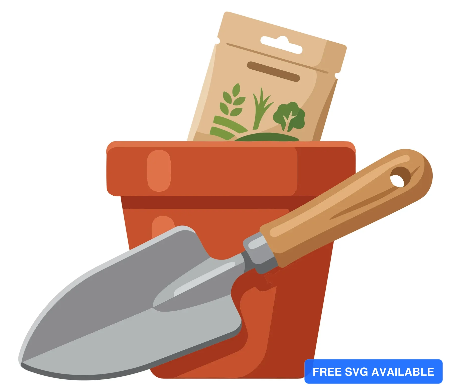 garden trowel, flower pot and seed packet isolated on white background