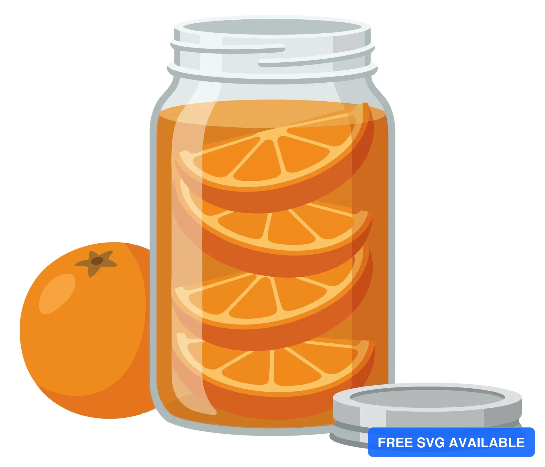 glass jar filled with orange slices in syrup and fresh whole orange isolated on white background