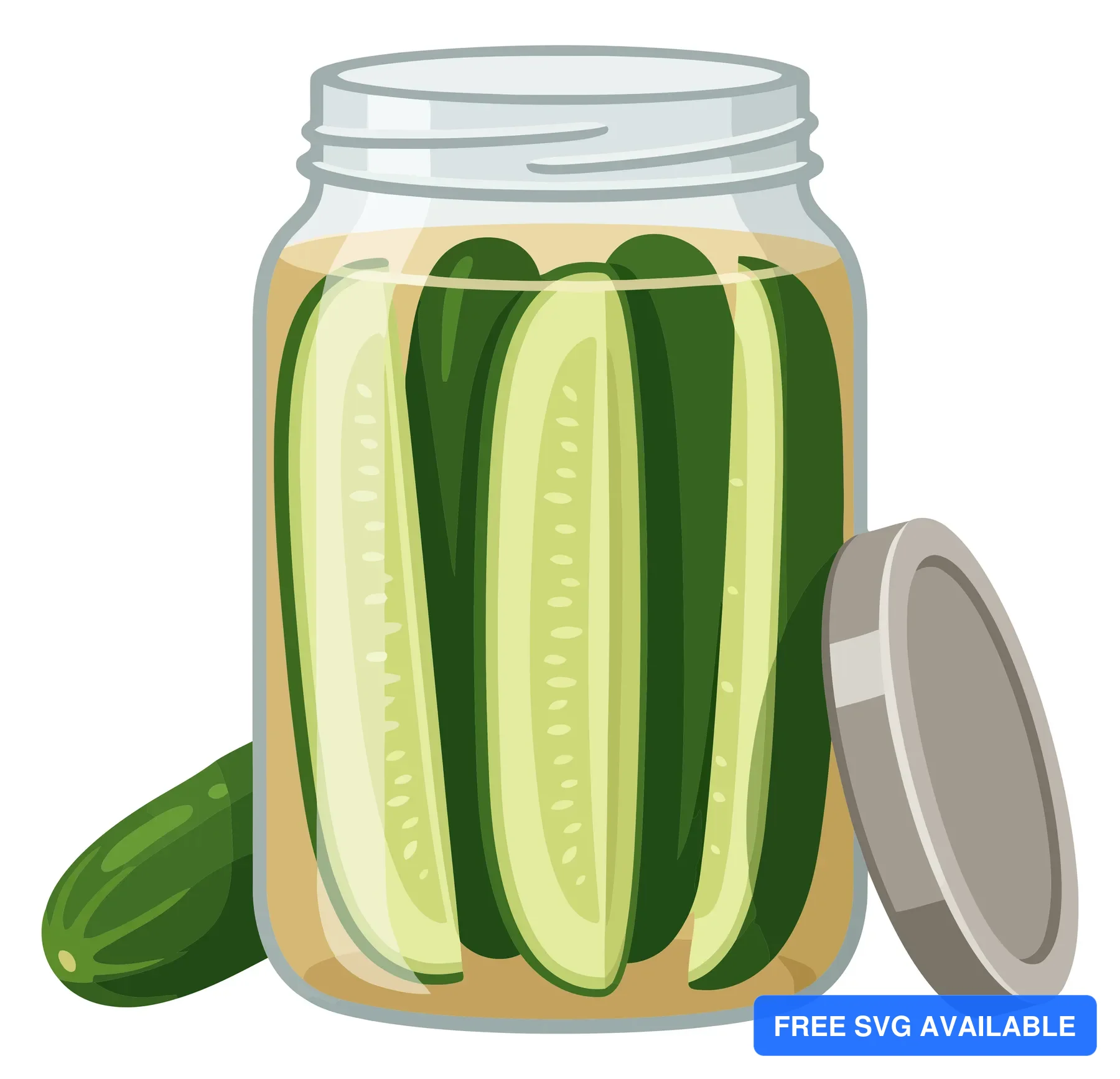 glass jar filled with sliced pickles or marinated cucumbers with a fresh cucumber and a metal lid isolated on white background