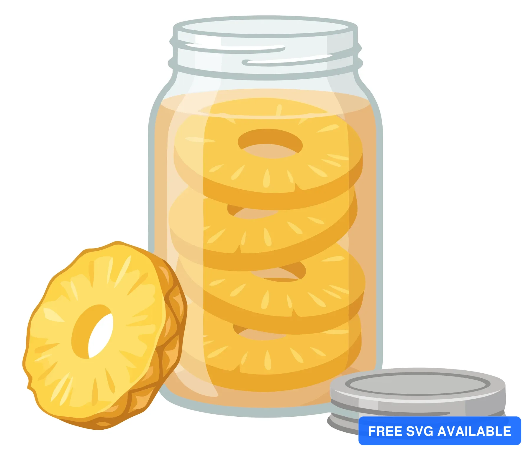 glass jar of canned pineapple rings in syrup with fresh pineapple slice on white background